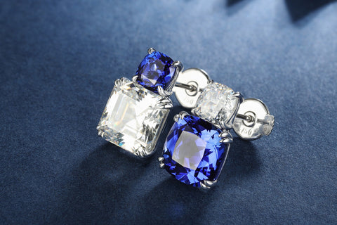 Sterling silver 11ct sapphire earrings，anniversary，birthday，holiday present，lab grown gemstones，cushion cut