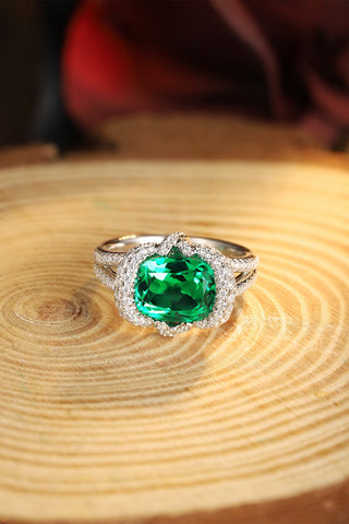 Sterling silver 3ct emerald ring，anniversary，birthday，holiday present，lab grown gemstones，cushion cut