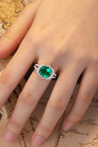 Sterling silver 3ct emerald ring，anniversary，birthday，holiday present，lab grown gemstones，cushion cut