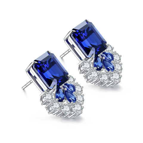 Sterling silver 13ct sapphire earrings，anniversary，birthday，holiday present，lab grown gemstones，emerald cut