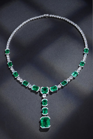 Sterling silver 38ct emerald necklace，anniversary，birthday，holiday present，lab grown gemstones，emerald cut