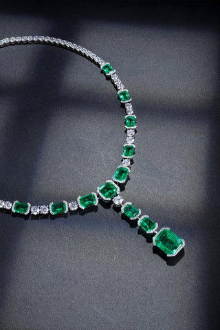 Sterling silver 38ct emerald necklace，anniversary，birthday，holiday present，lab grown gemstones，emerald cut