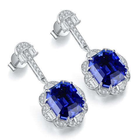 Sterling silver 11ct sapphire earrings，anniversary，birthday，holiday present，lab grown gemstones，asscher cut