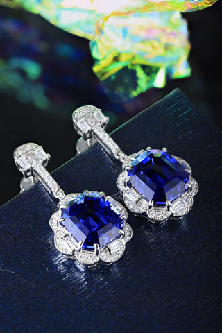 Sterling silver 11ct sapphire earrings，anniversary，birthday，holiday present，lab grown gemstones，asscher cut