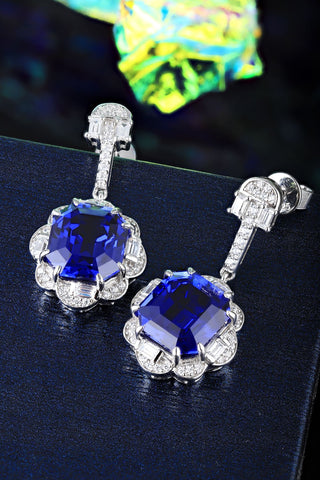 Sterling silver 11ct sapphire earrings，anniversary，birthday，holiday present，lab grown gemstones，asscher cut