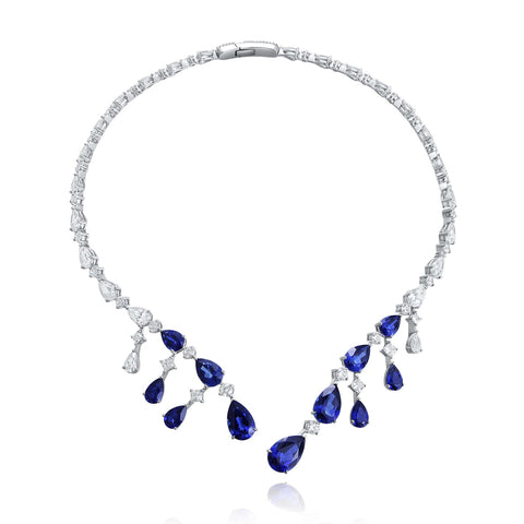 Sterling silver 28ct sapphire Necklace，anniversary，birthday，holiday present，lab grown gemstones，pear cut